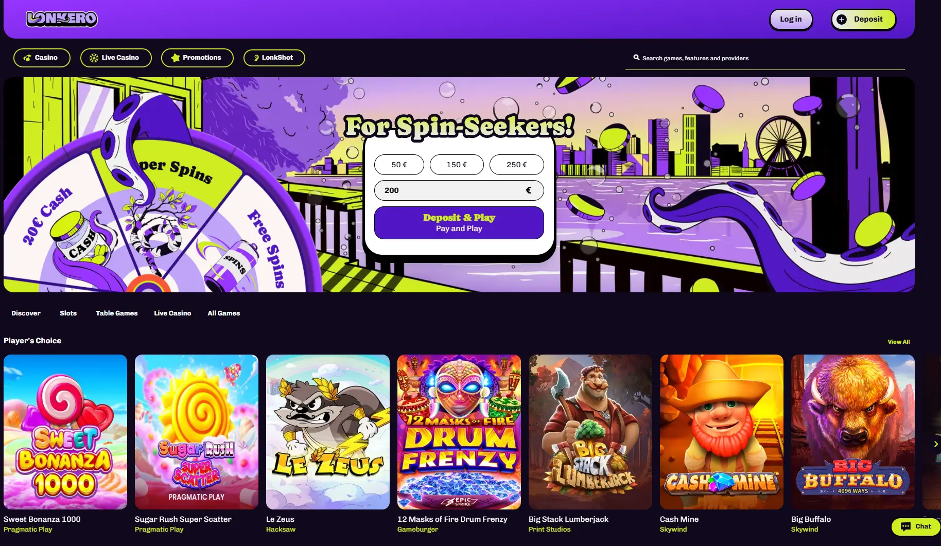 Lonkero Casinon etusivu talletusbonuksella ja suosituilla kolikkopeleillä