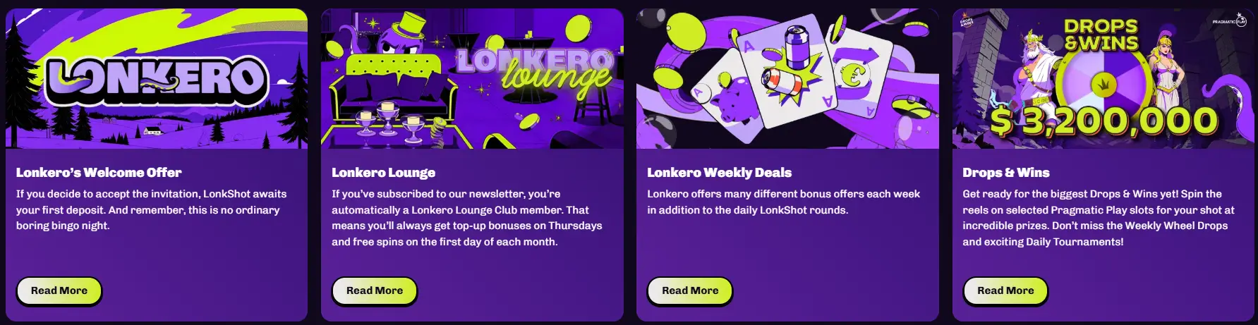 Lonkero Casinon kampanjasivu tervetuliaisbonuksella, viikkotarjouksilla ja Drops & Wins -tapahtumalla